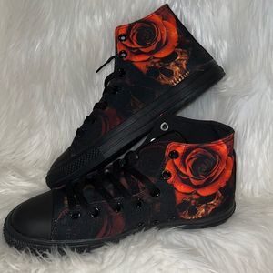 RAAD Shop Mens 7‎ Women’s 8.5 High-Top Black Skull Orange Rose Shoes Sneakers